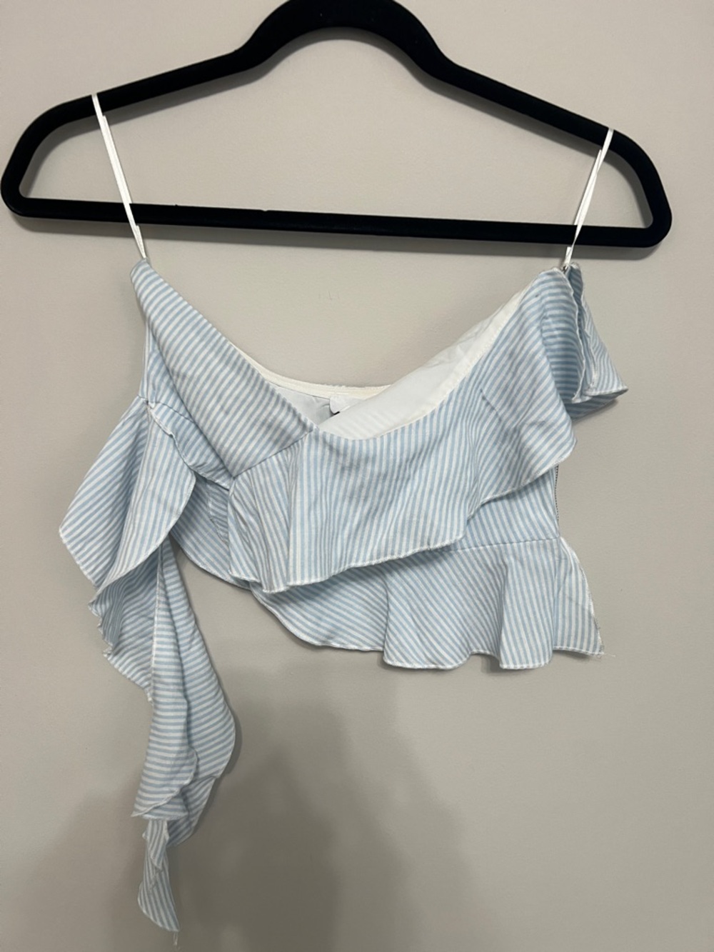 NWT | Key to Moon Striped Light Blue One-Shoulder Ruffle Crop Top Size S